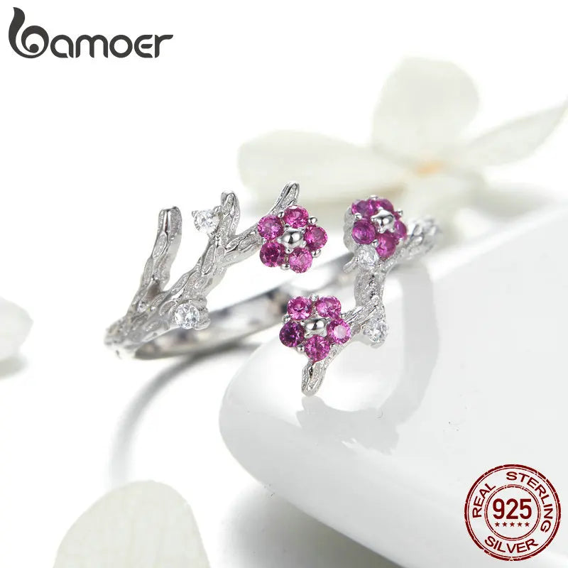 BAMOER 100% 925 Sterling Silver Blooming Wintersweet Plum Flower Rings Earrings Women Jewelry Sets Zircon Luxury Jewelry ZHS096