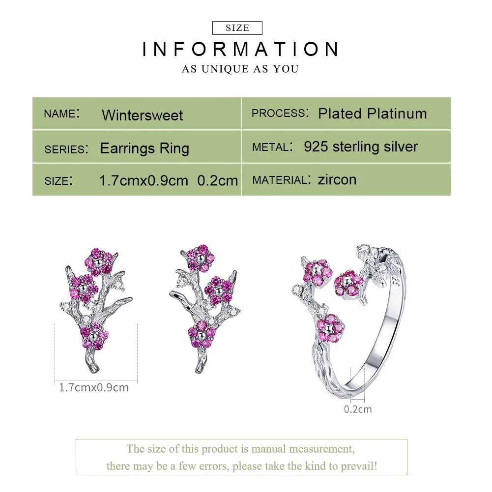 BAMOER 100% 925 Sterling Silver Blooming Wintersweet Plum Flower Rings Earrings Women Jewelry Sets Zircon Luxury Jewelry ZHS096