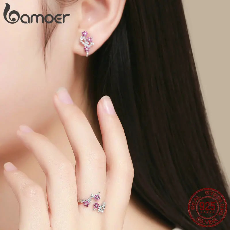 BAMOER 100% 925 Sterling Silver Blooming Wintersweet Plum Flower Rings Earrings Women Jewelry Sets Zircon Luxury Jewelry ZHS096