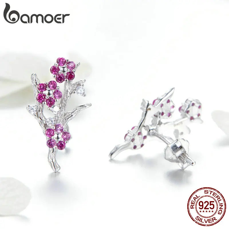 BAMOER 100% 925 Sterling Silver Blooming Wintersweet Plum Flower Rings Earrings Women Jewelry Sets Zircon Luxury Jewelry ZHS096