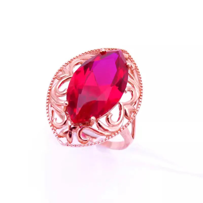 585 Purple Gold Plated 14K Rose Gold Fashionable Olive Pointed Ruby Rings for Women Palace Style Classic Banquet Jewelry