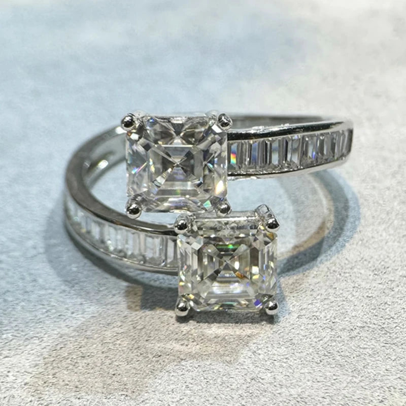 2CT Asscher Moissanite Diamond D Color Women's Ring S925 Sterling Sliver 18K White Gold Square Rings Fine Jewelry for Women