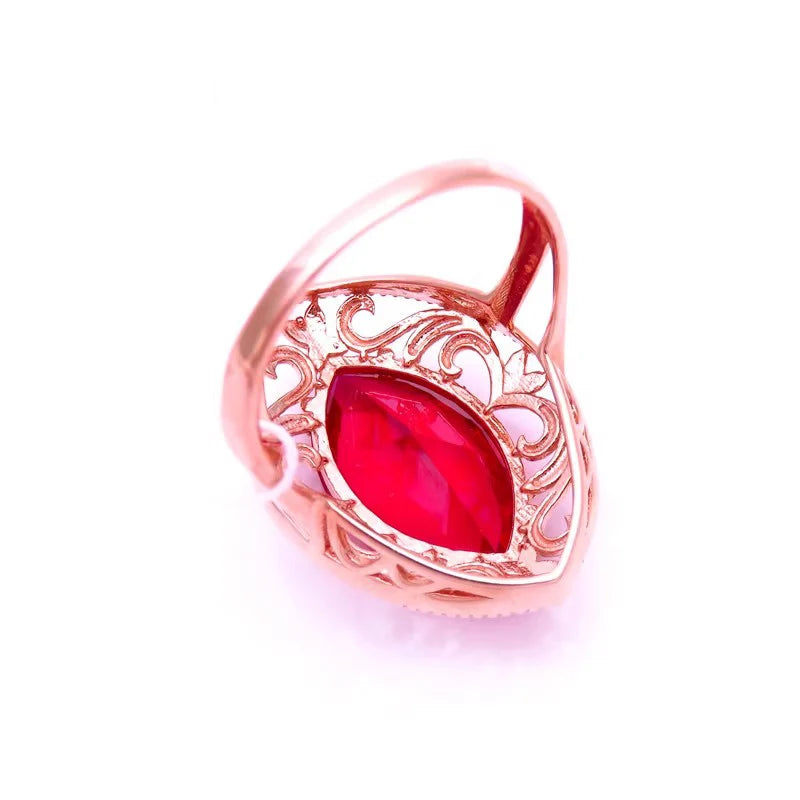 585 Purple Gold Plated 14K Rose Gold Fashionable Olive Pointed Ruby Rings for Women Palace Style Classic Banquet Jewelry