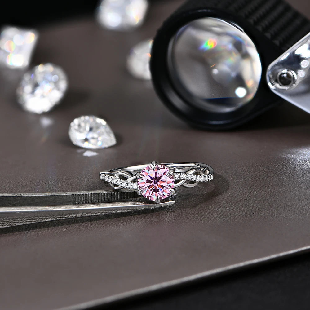 MINTYBOX Round Cut 1.0ct Pink Moissanite Ring for Women Real 100% 925 Sterling Silver D Color 6.5mm Diamond Engagement Jewelry