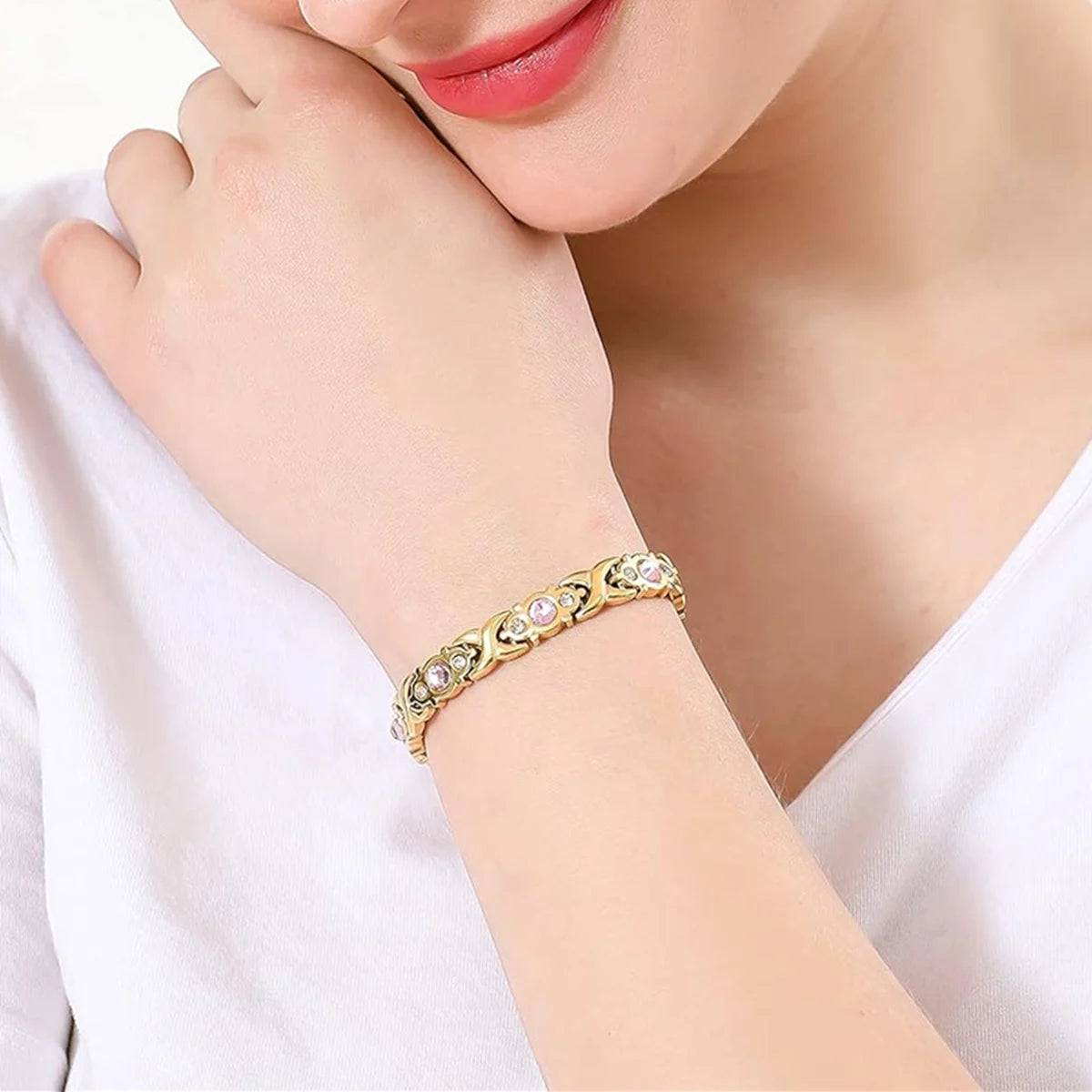 ARADOO Titanium Steel Crystal Bracelets for Women Classic Stainless Steel Zirconia Link Bracelet Jewelry Gifts