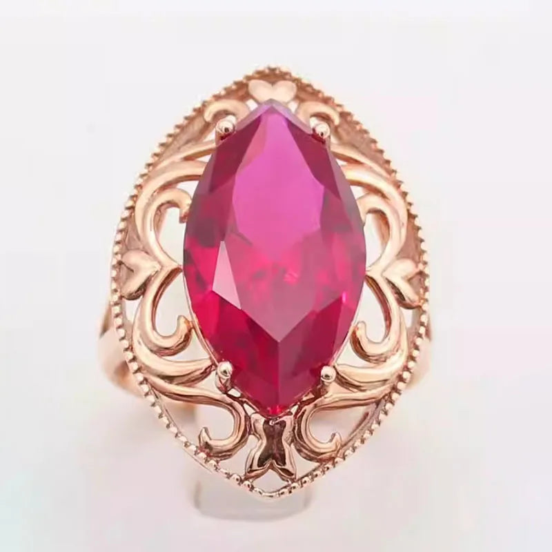 585 Purple Gold Plated 14K Rose Gold Fashionable Olive Pointed Ruby Rings for Women Palace Style Classic Banquet Jewelry