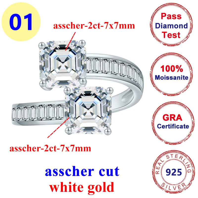 2CT Asscher Moissanite Diamond D Color Women's Ring S925 Sterling Sliver 18K White Gold Square Rings Fine Jewelry for Women