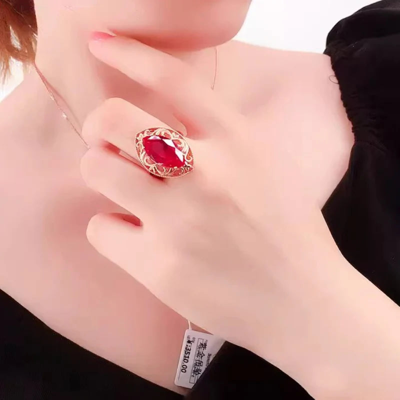585 Purple Gold Plated 14K Rose Gold Fashionable Olive Pointed Ruby Rings for Women Palace Style Classic Banquet Jewelry